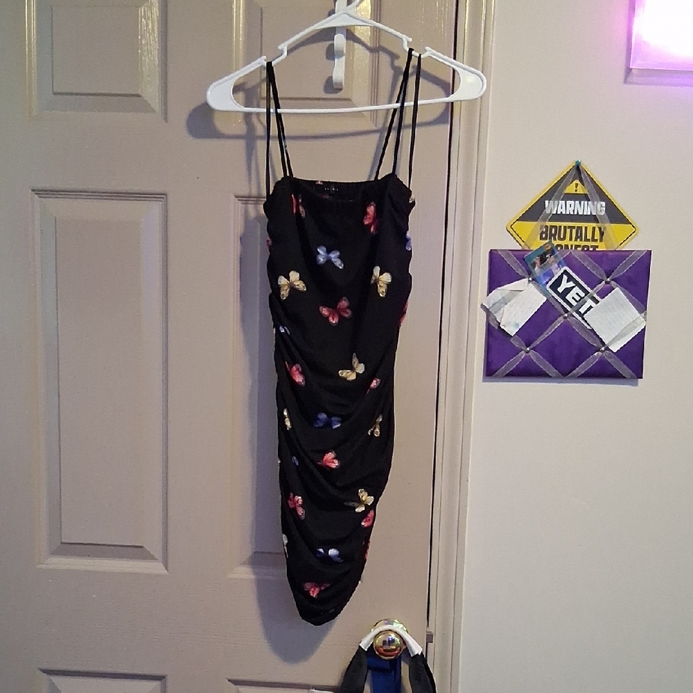 Black Butterfly Print Asymmetrical Slip Dress